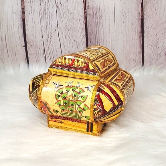 Vintage 90s Egyptian Pharaoh Cleopatra Hieroglyphics Paper Material Trinket Box - Picture 9 of 17